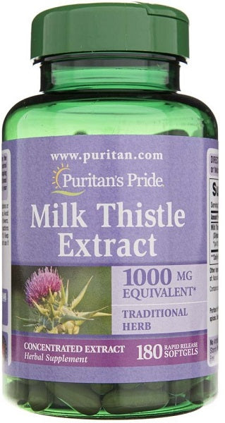 A bottle of Milk Thistle 1000 mg 4:1 extract Silymarin 180 Rapid Release Softgels by Puritan's Pride.