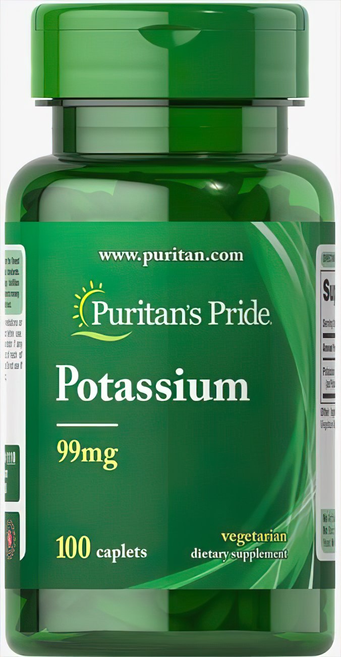 Puritan's Pride Potassium 99 mg 100 coated caplets is a dietary supplement that aids in maintaining electrolyte balance and regulating blood pressure.