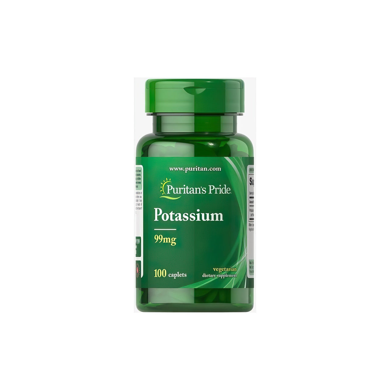 A bottle of Puritan's Pride Potassium 99 mg 100 coated caplets, essential for electrolyte balance and blood pressure regulation, on a white background.