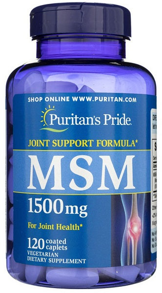 Puritan's Pride MSM 1500 mg 120 Coated Caplets support joint health and promote healthy hair.