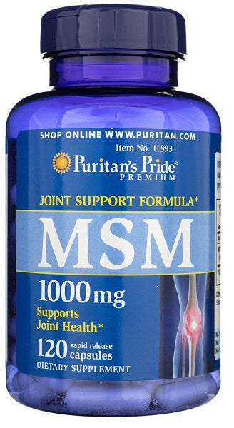 A bottle of Puritan's Pride MSM 1000 mg 120 Rapid Release Capsules, promoting connective tissue and joint health.
