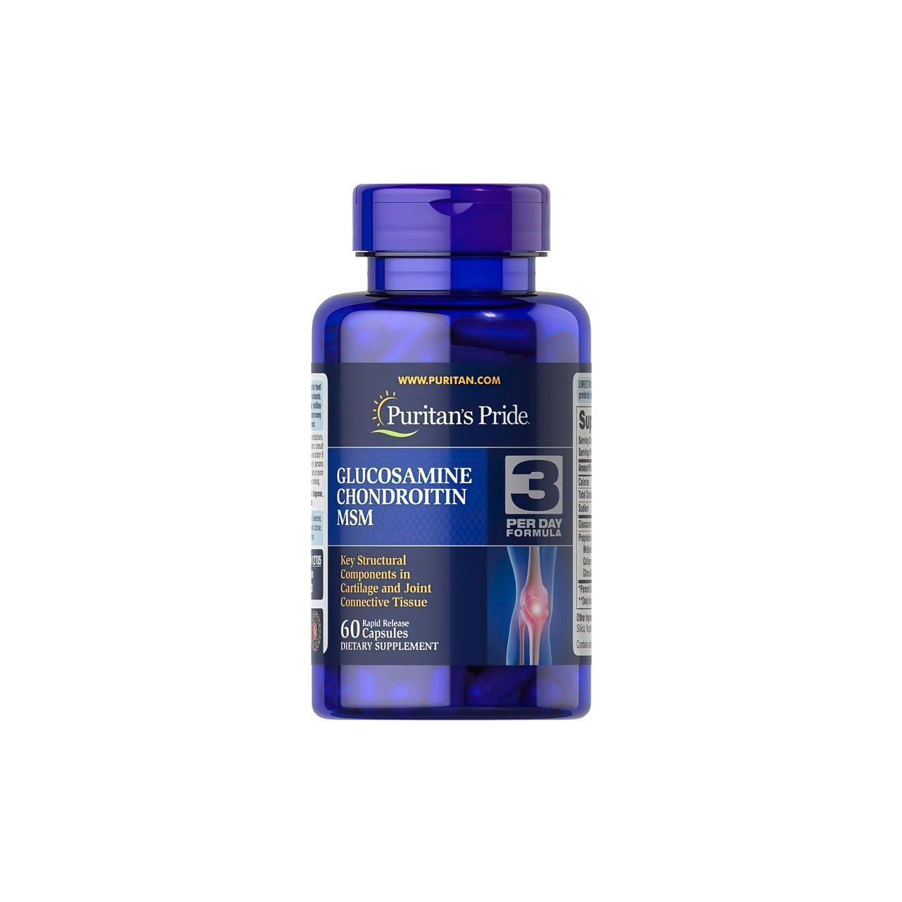 A bottle of Glucosamine Chondroitin MSM 60 capsules by Puritan's Pride.