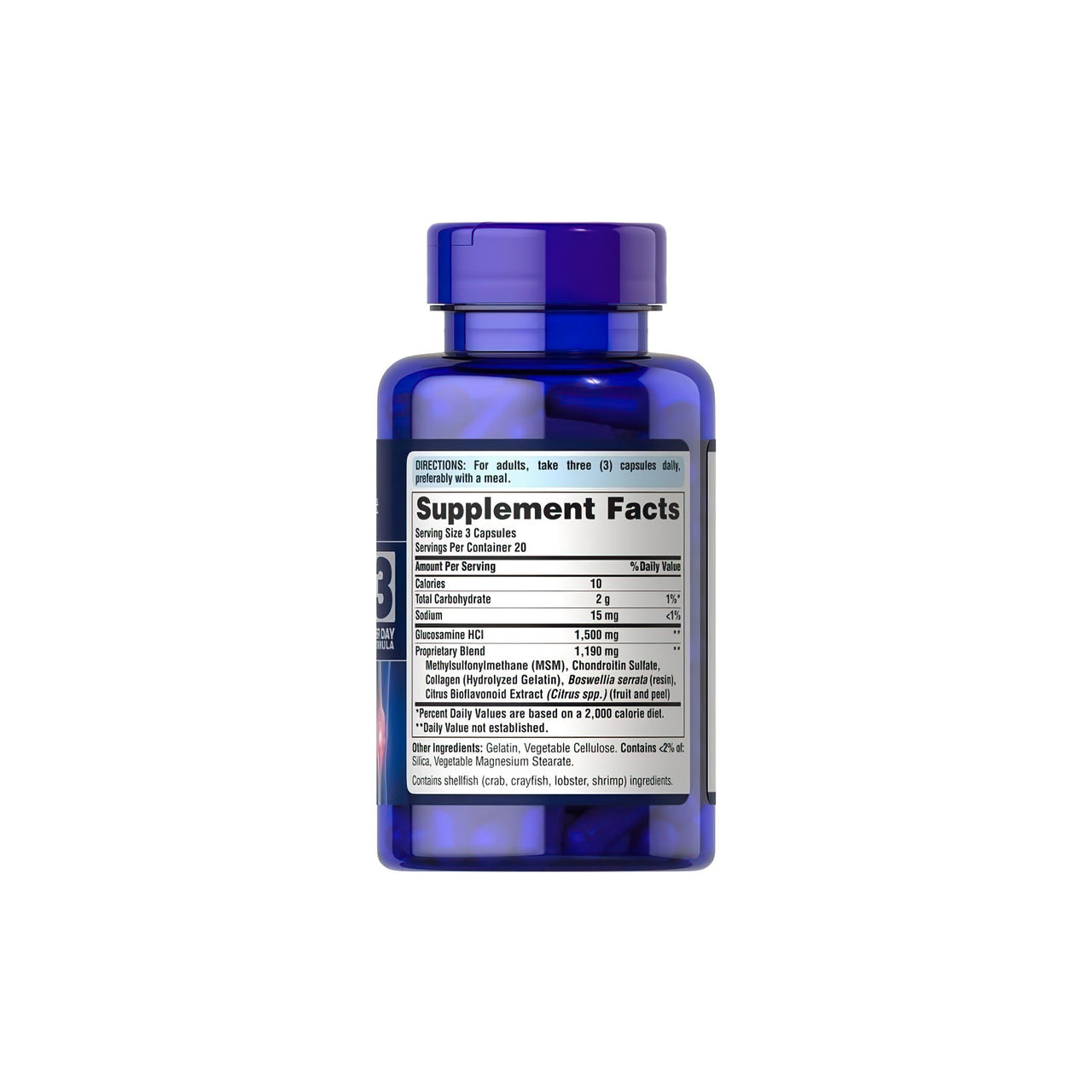 A bottle of Glucosamine Chondroitin MSM 60 capsules supplement by Puritan's Pride on a white background.