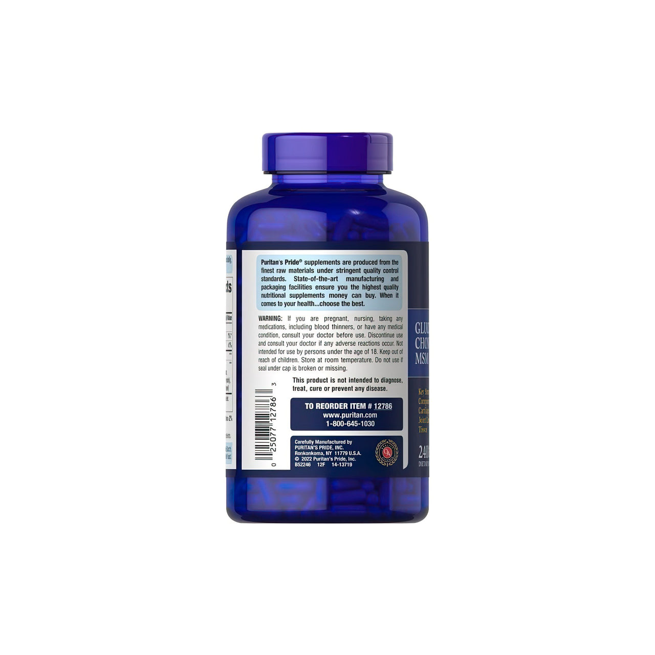 The back of a bottle of Glucosamine Chondroitin MSM 240 capsules by Puritan's Pride.
