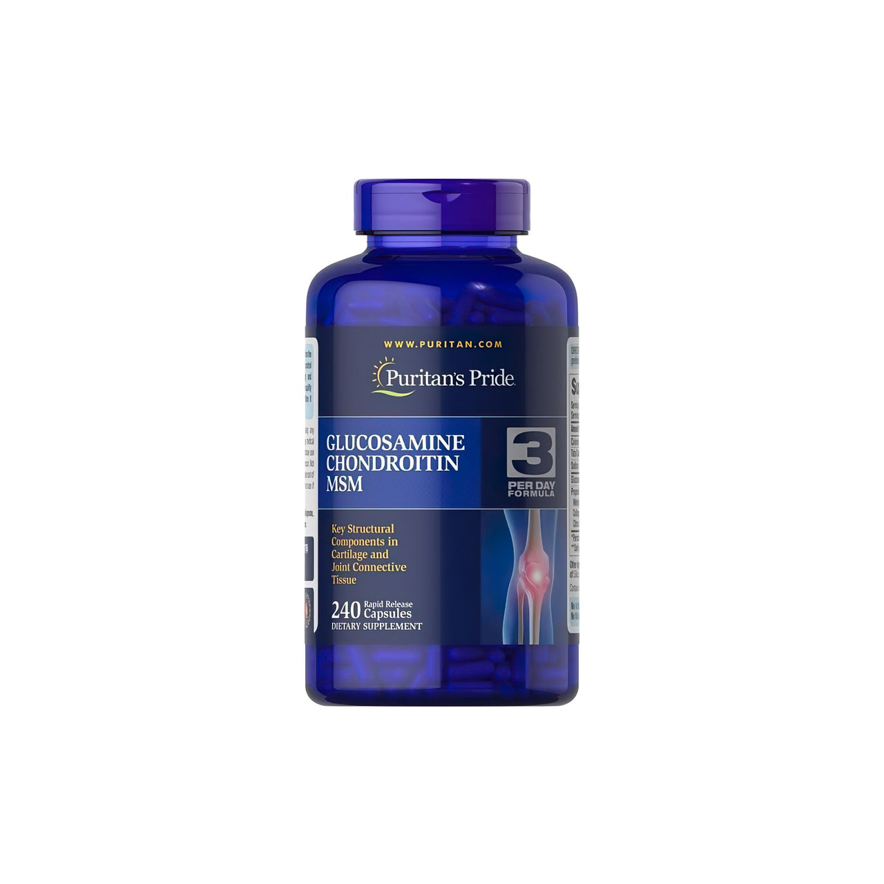 A bottle of Glucosamine Chondroitin MSM 240 capsules by Puritan's Pride.