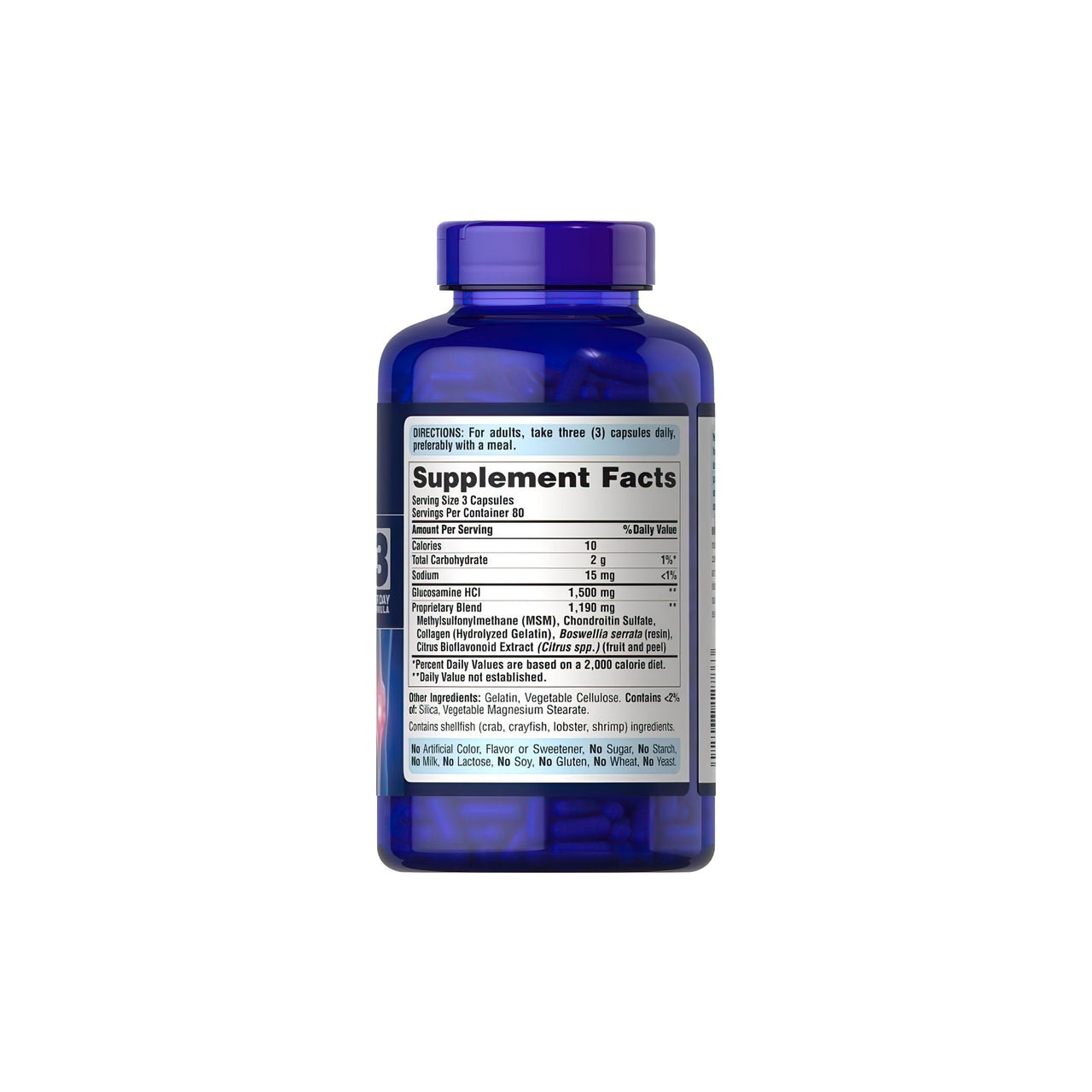 A bottle of Puritan's Pride Glucosamine Chondroitin MSM 240 capsules on a white background.