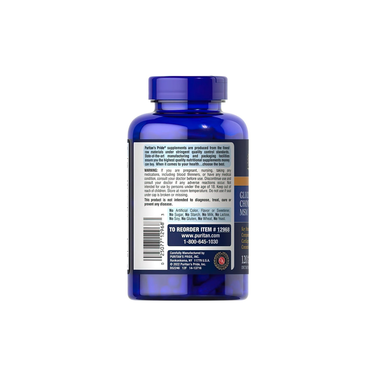 The back of a bottle of Puritan's Pride Glucosamine Chondroitin MSM 120 capsules.
