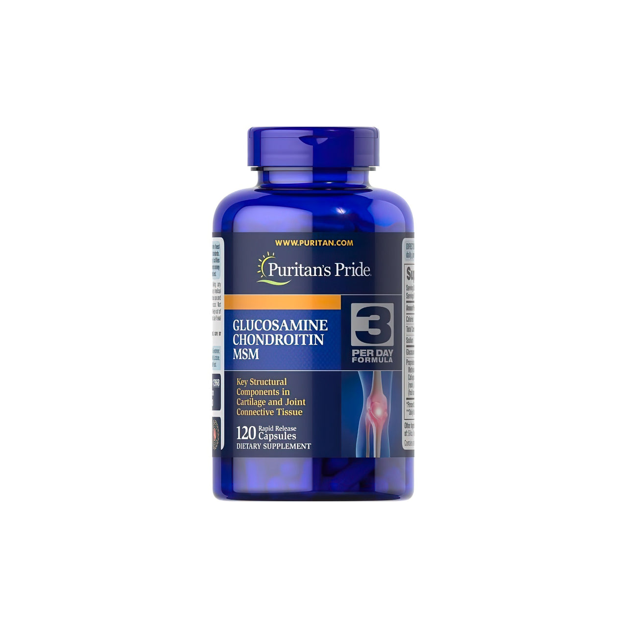 A bottle of Glucosamine Chondroitin MSM 120 capsules by Puritan's Pride.
