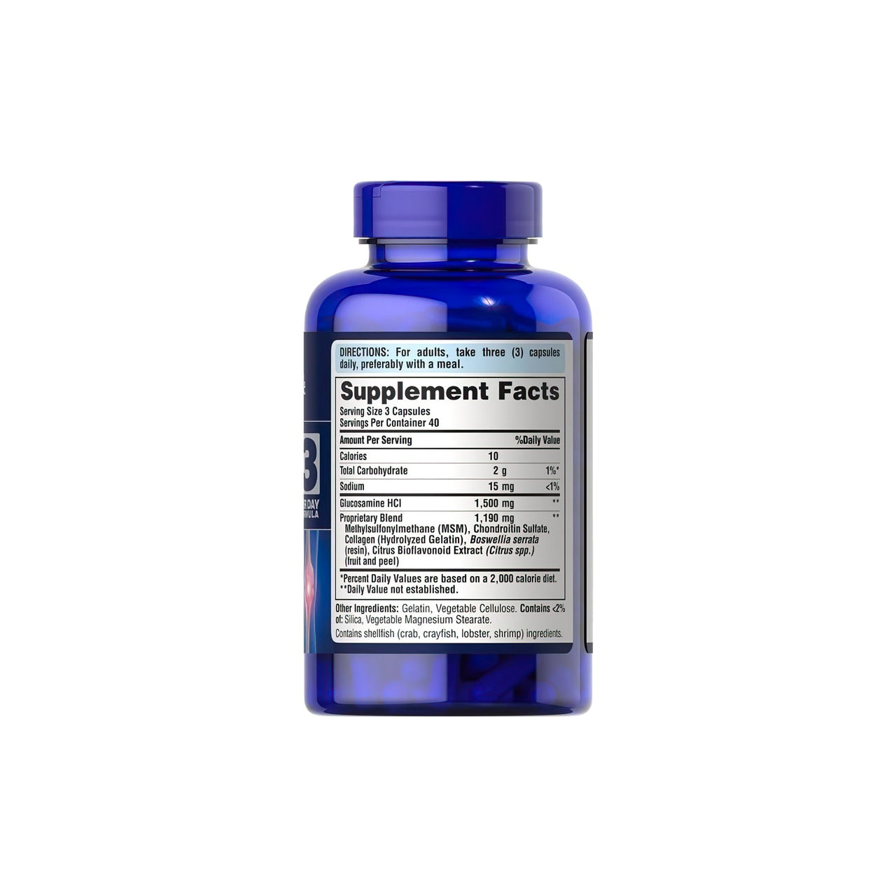 A bottle of Puritan's Pride Glucosamine Chondroitin MSM 120 capsules with a label on it.