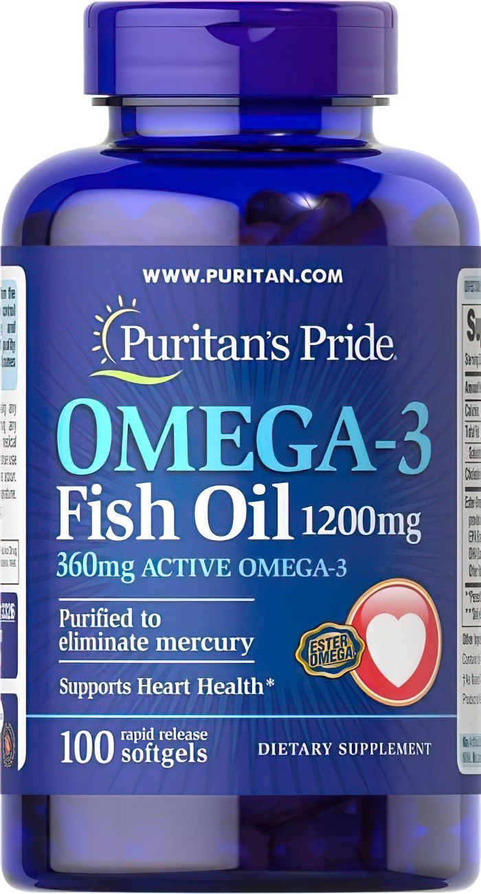 Puritan's Pride Omega-3 Fish Oil 1200 mg (360 mg Active Omega-3) 100 softgel is a high-quality supplement that supports cardiovascular health and cognitive function.