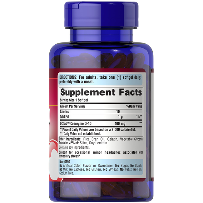 A bottle of Q-SORB™ CO Q10 400 mg 60 Rapid Release Softgels by Puritan's Pride prominently features Coenzyme Q-10, with a focus on Supplement Facts and usage directions on its label, supporting energy production and promoting cardiovascular health.