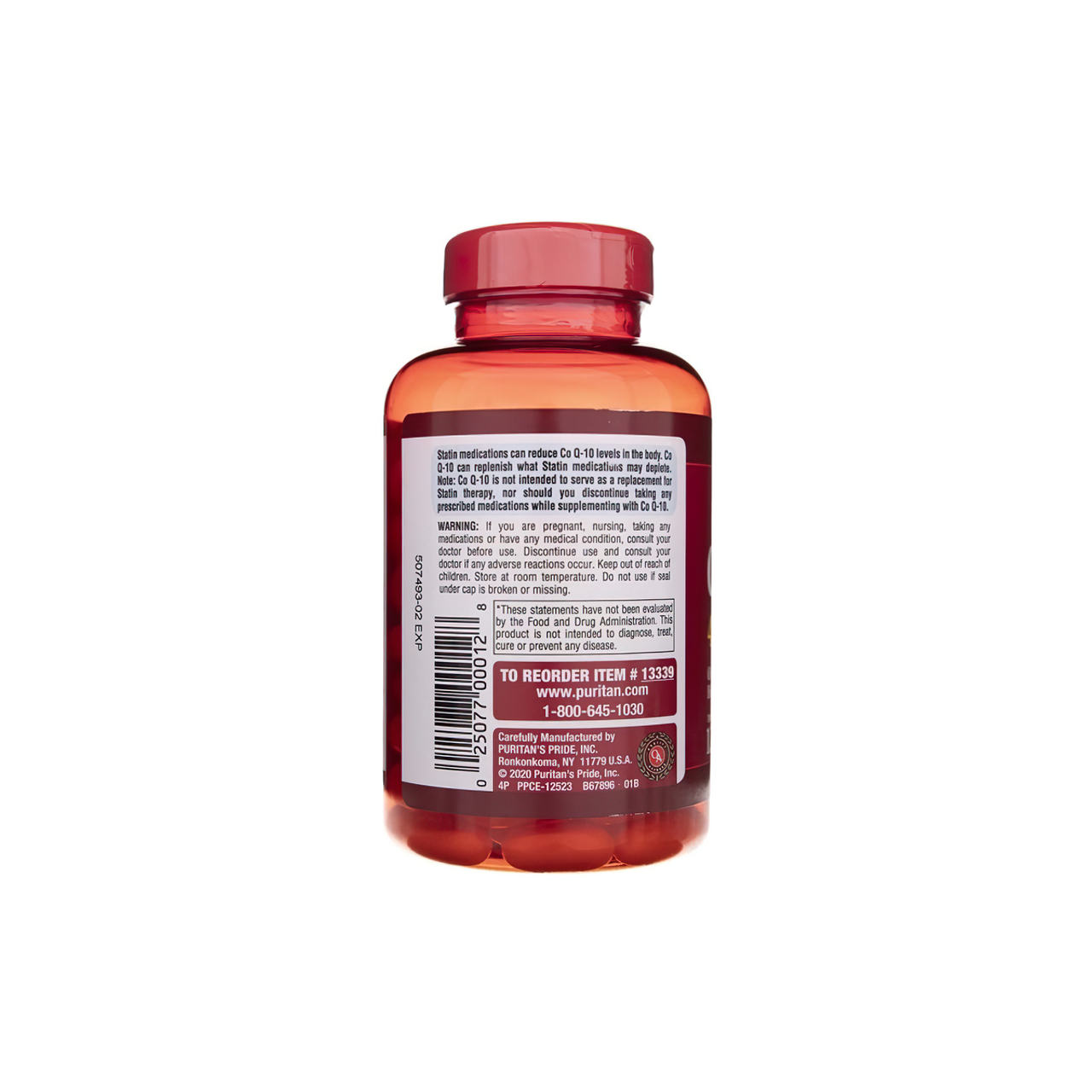 A bottle of Puritan's Pride Coenzyme Q10 Rapid Release 400 mg 120 Sgel on a white background.