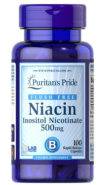 Puritan's Pride offers a high-quality Vitamin B-3 Niacin Flush Free 500 mg 100 Rapid Release Capsules supplement, formulated to support cardiovascular wellness and improve circulation for a healthy heart.