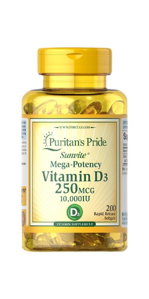 A bottle of Puritan's Pride Vitamins D3 10000 IU 200 Rapid Release Softgels, known for its crucial role in immune function and calcium absorption.