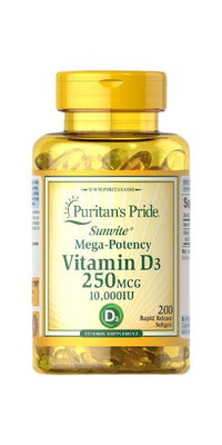 Thumbnail for A bottle of Puritan's Pride Vitamins D3 10000 IU 200 Rapid Release Softgels, known for its crucial role in immune function and calcium absorption.