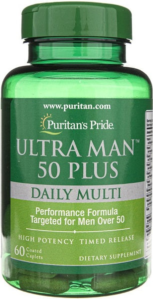 Puritan's Pride Ultra Man 50 Plus Multivitamins & Minerals 60 caplets offers high performance multivitamins specifically catered to men's health over 50.