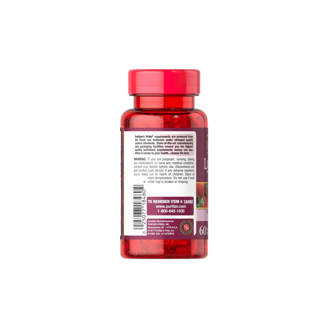 A bottle of Lycopene 40 mg 60 Rapid Release Softgels by Puritan's Pride on a white background.