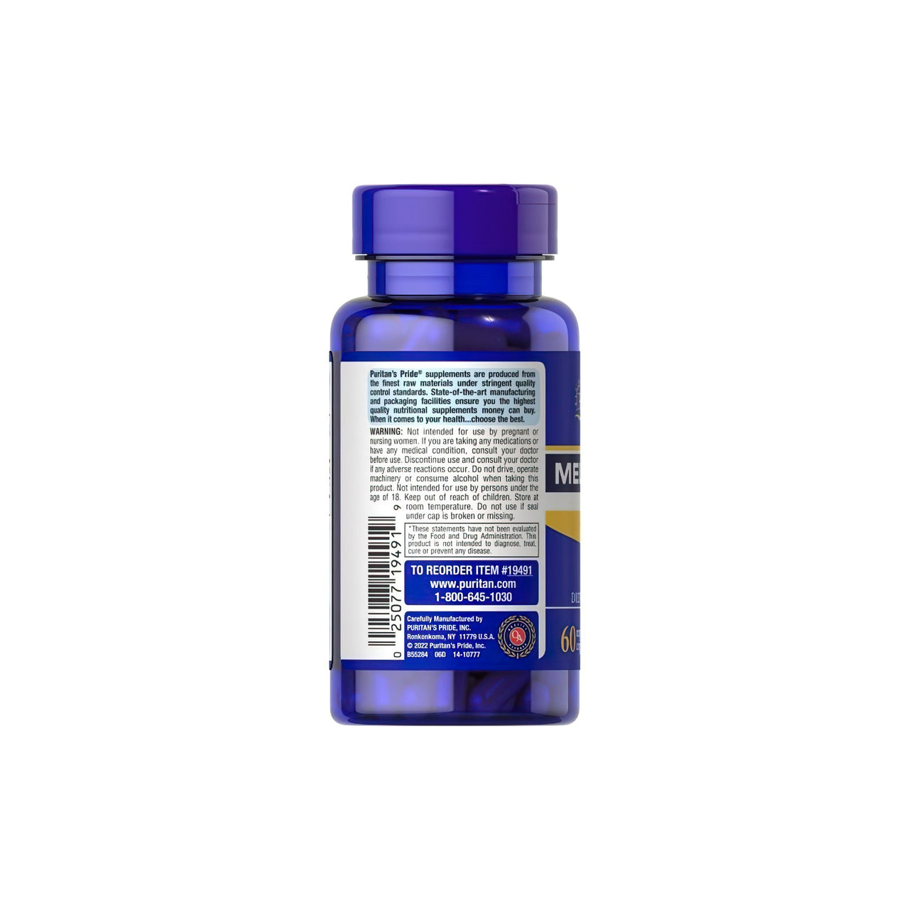 The back of a bottle of Puritan's Pride Melatonin 10 mg 60 rapid release capsules.