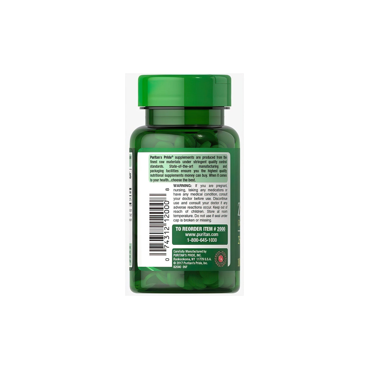 A bottle of Puritan's Pride Zinc Gluconate 25 mg 100 tablets, rich in health-promoting nutrients, on a white background.