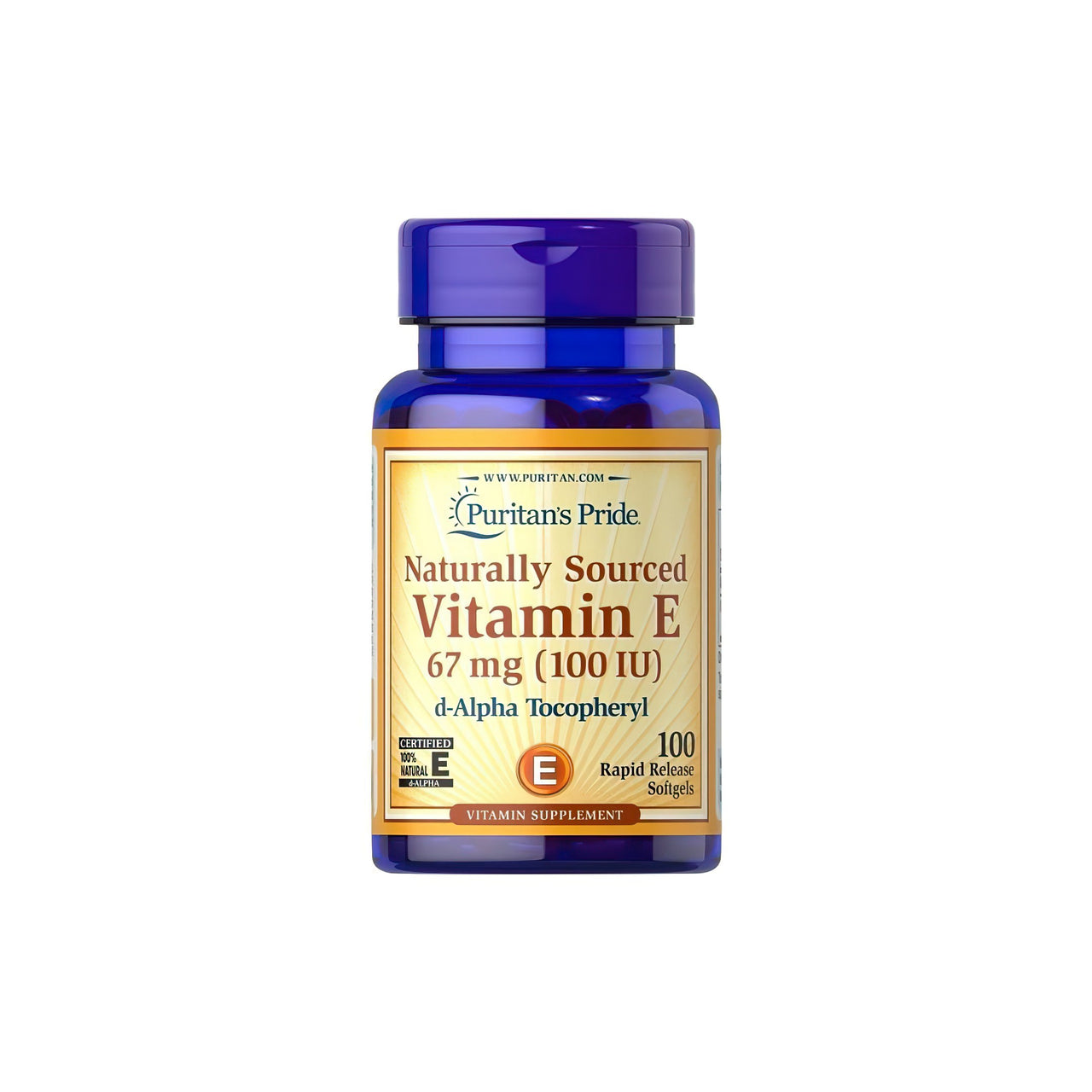 A bottle of Puritan's Pride Vitamin E 100 IU D-Alpha Tocopherol 100% Naturally 100 Rapid Release Softgels, a powerful antioxidant for cardiovascular health, against a crisp white background.
