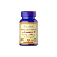 Thumbnail for A bottle of Puritan's Pride Vitamin E 100 IU D-Alpha Tocopherol 100% Naturally 100 Rapid Release Softgels, a powerful antioxidant for cardiovascular health, against a crisp white background.