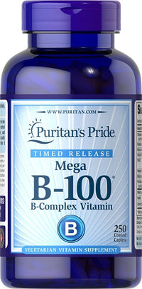 Thumbnail for Puritan's Pride Vitamin B-100 Complex Timed Release 250 Coated Caplets is a high-potency supplement packed with B-family vitamins. This essential blend supports energy metabolism and cardiovascular maintenance.
