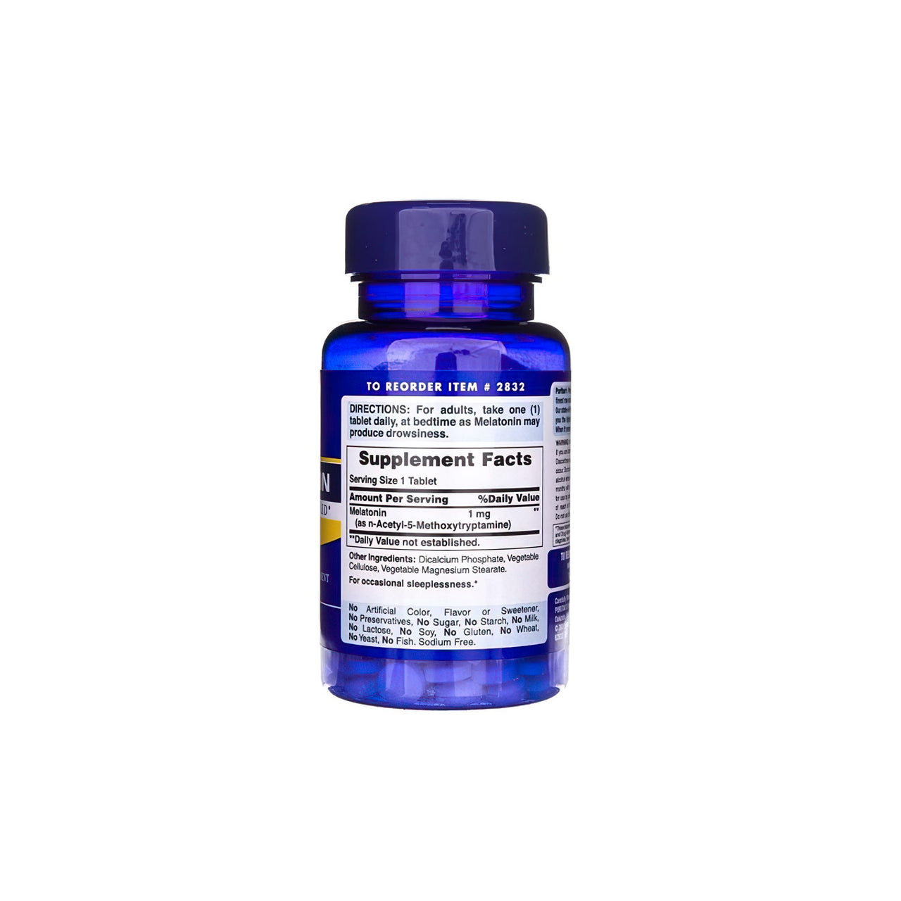A bottle of Puritan's Pride Melatonin 1 mg 90 Tablets on a white background.