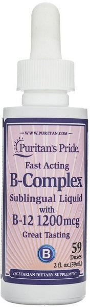 A bottle of Puritan's Pride B-Complex with Vitamin B12 Liquid - 59 ml.