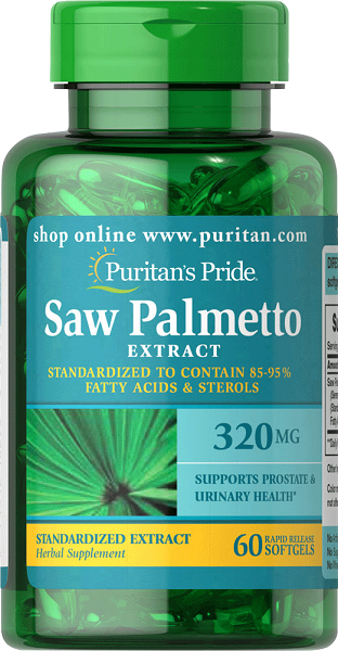 Puritan's Pride Saw Palmetto 320 mg 60 Rapid Release Softgels promotes prostate health and supports urinary tract flow.