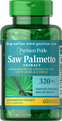 Thumbnail for Puritan's Pride Saw Palmetto 320 mg 60 Rapid Release Softgels promotes prostate health and supports urinary tract flow.