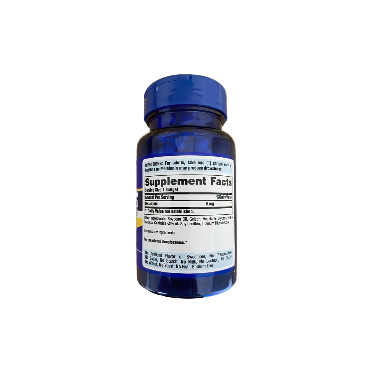 A bottle of Extra Strength Melatonin 5 mg 60 rapid release softgels by Puritan's Pride on a white background.