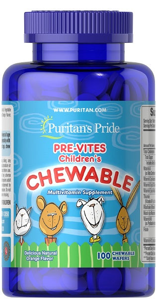 A bottle of Pre- Vites Children's multivitamin 100 chewable wafers, packed with essential vitamins, Puritan's Pride.