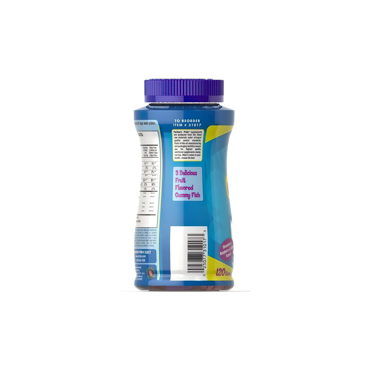 A bottle of Puritan's Pride Children's Omega 3, DHA & D3 120 Gummies with a blue lid on a white background.