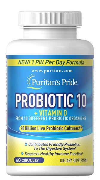 Puritan's Pride Probiotic 10 plus Vitamin D3 1000 IU 60 caps with Immune Support.