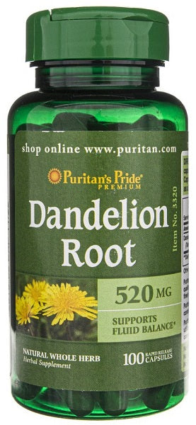 A bottle of Puritan's Pride Dandelion Root - 520 mg 100 caps.