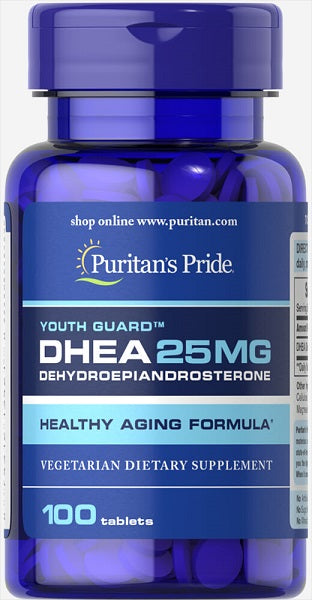 A bottle of Puritan's Pride DHEA - 25 mg 100 tabs.