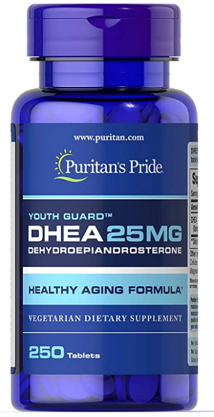 A bottle of Puritan's Pride DHEA - 25 mg 250 tabs.