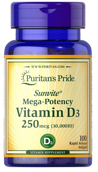 Puritan's Pride Vitamins D3 10000IU 100 sgel promotes calcium absorption and supports immune function.