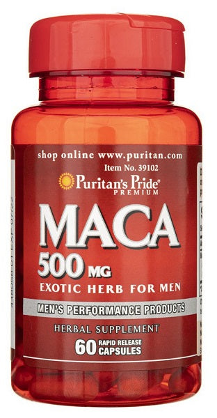 A bottle of Puritan's Pride Maca 500 mg 60 Rapid Release Capsules for men.