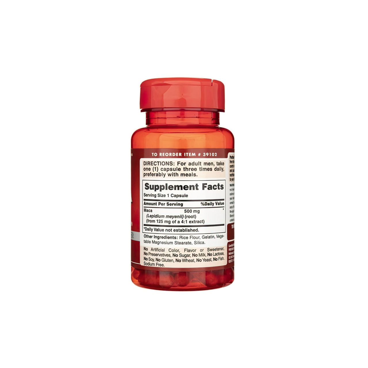 A bottle of Maca 500 mg 60 Rapid Release Capsules by Puritan's Pride on a white background.