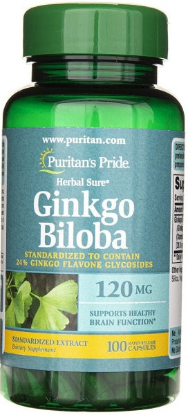A bottle of Ginkgo Biloba Extract 24% 120 mg 100 capsules from Puritan's Pride.