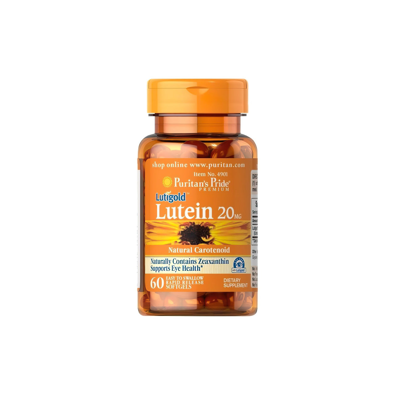 A bottle of Puritan's Pride Lutein 20 mg with Zeaxanthin 60 Softgel with a white background.