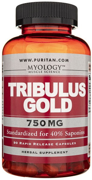 A bottle of Tribulus Gold Standardized Extract 750 mg 90 Rapid Release Capsules by Puritan's Pride, known for its standardized saponins content, marketed as Tribulus Gold.