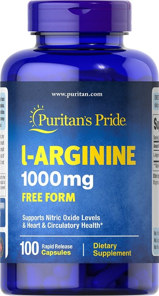 L-arginine 1000 mg Free Form 100 Rapid Release Caps - front 2