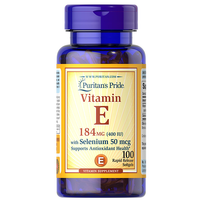 Thumbnail for A bottle of Puritan's Pride Vitamin E 400 IU & Selenium 50 mcg contains 100 rapid release softgels, each providing antioxidant support with 184mg of Vitamin E and enhanced with 50mcg of Selenium for overall health promotion.