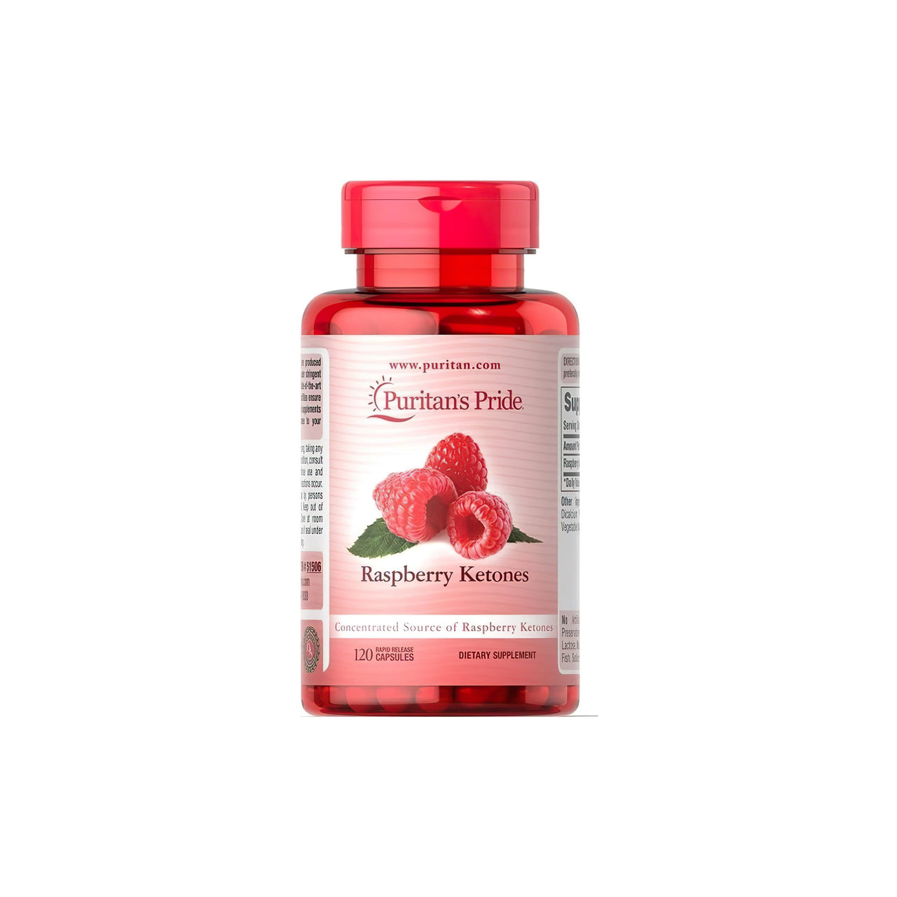 A bottle of antioxidant-rich Raspberry Ketones 100 mg 120 Rapid Realase capsules from the brand Puritan's Pride.