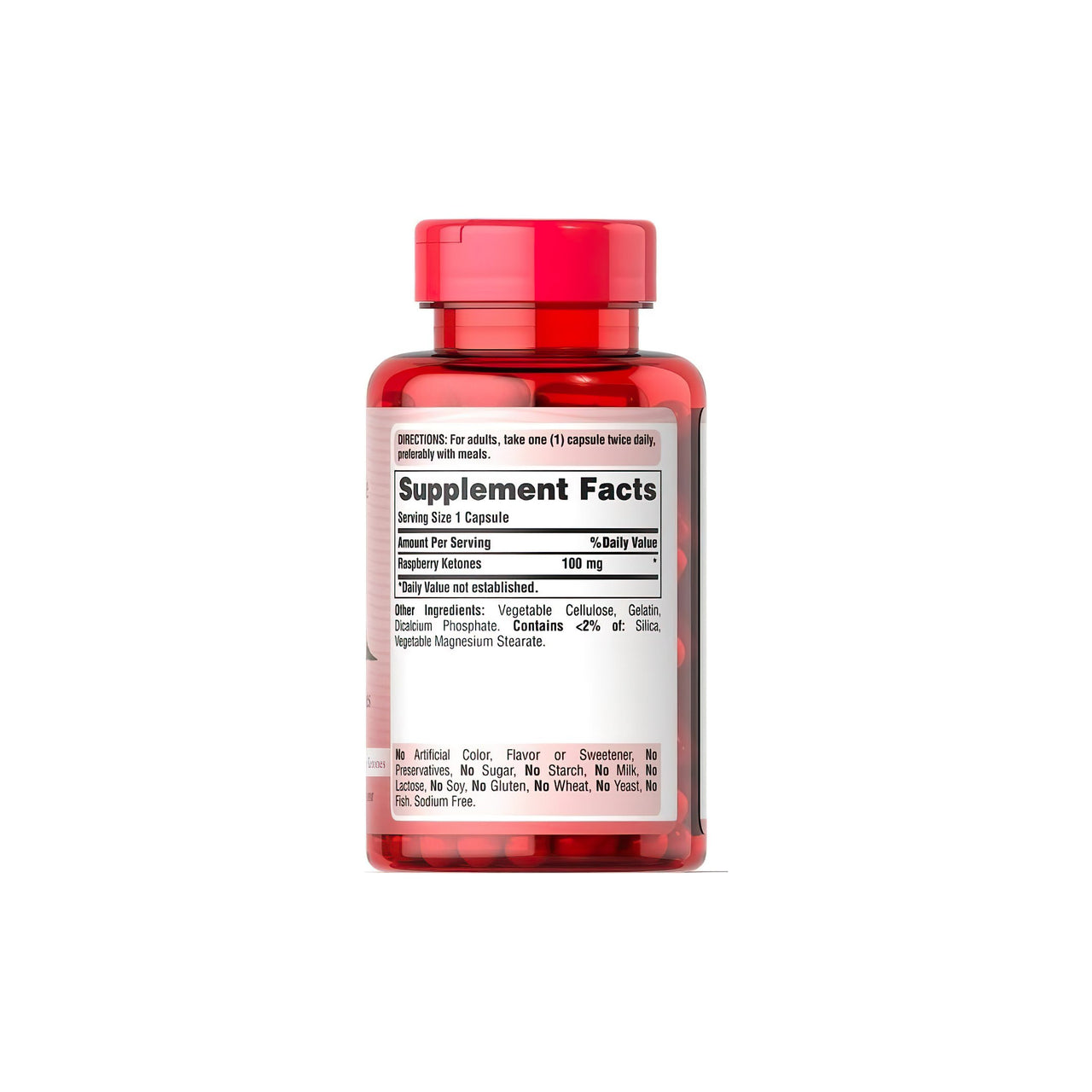 A bottle of Puritan's Pride Raspberry Ketones 100 mg 120 Rapid Realase capsules on a white background.