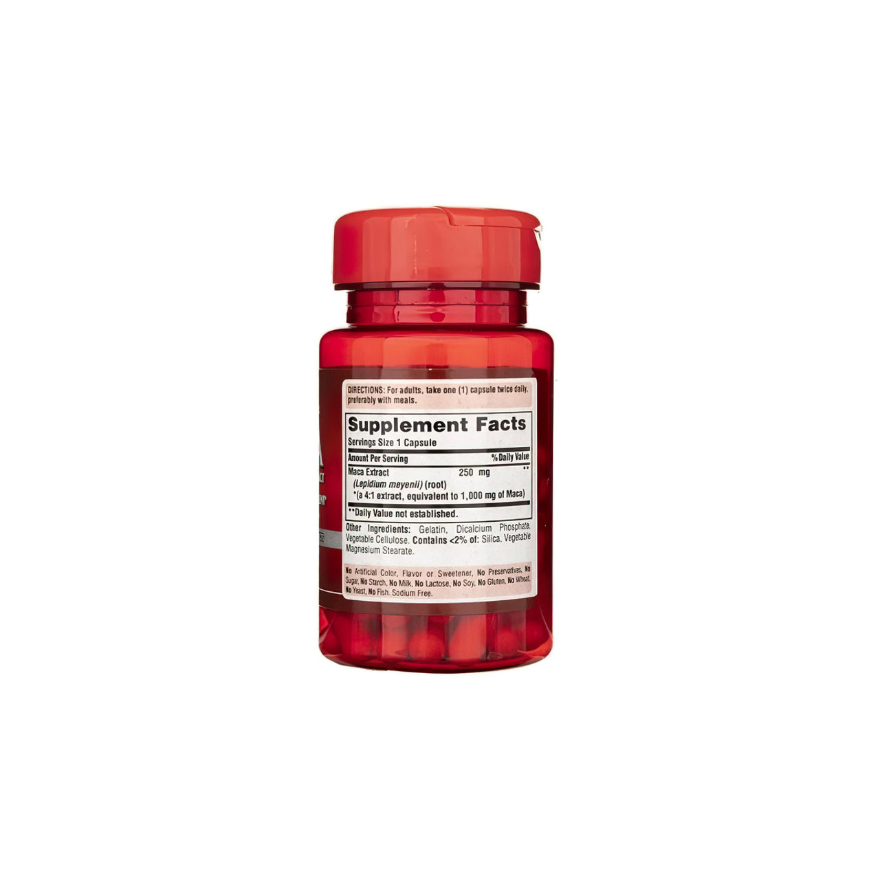 A bottle of Puritan's Pride Maca 1000 mg 60 Rapid Release Capsules on a white background.