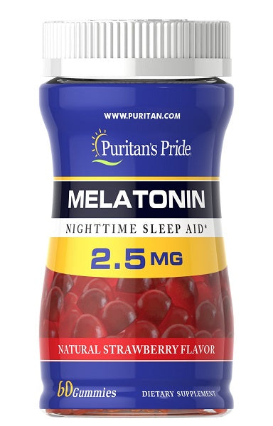 Puritan's Pride Melatonin 2,5 mg 60 Gummies Strawberry Flavor nighttime sleep aid.