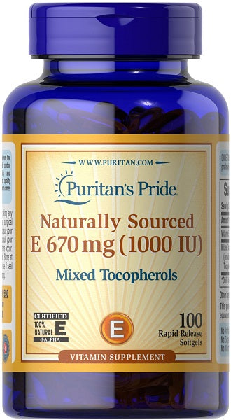 Puritan's Pride Vitamin E 1000 IU Mixed Tocopherols 100 Rapid Release Softgels provides antioxidant support for cardiovascular health.